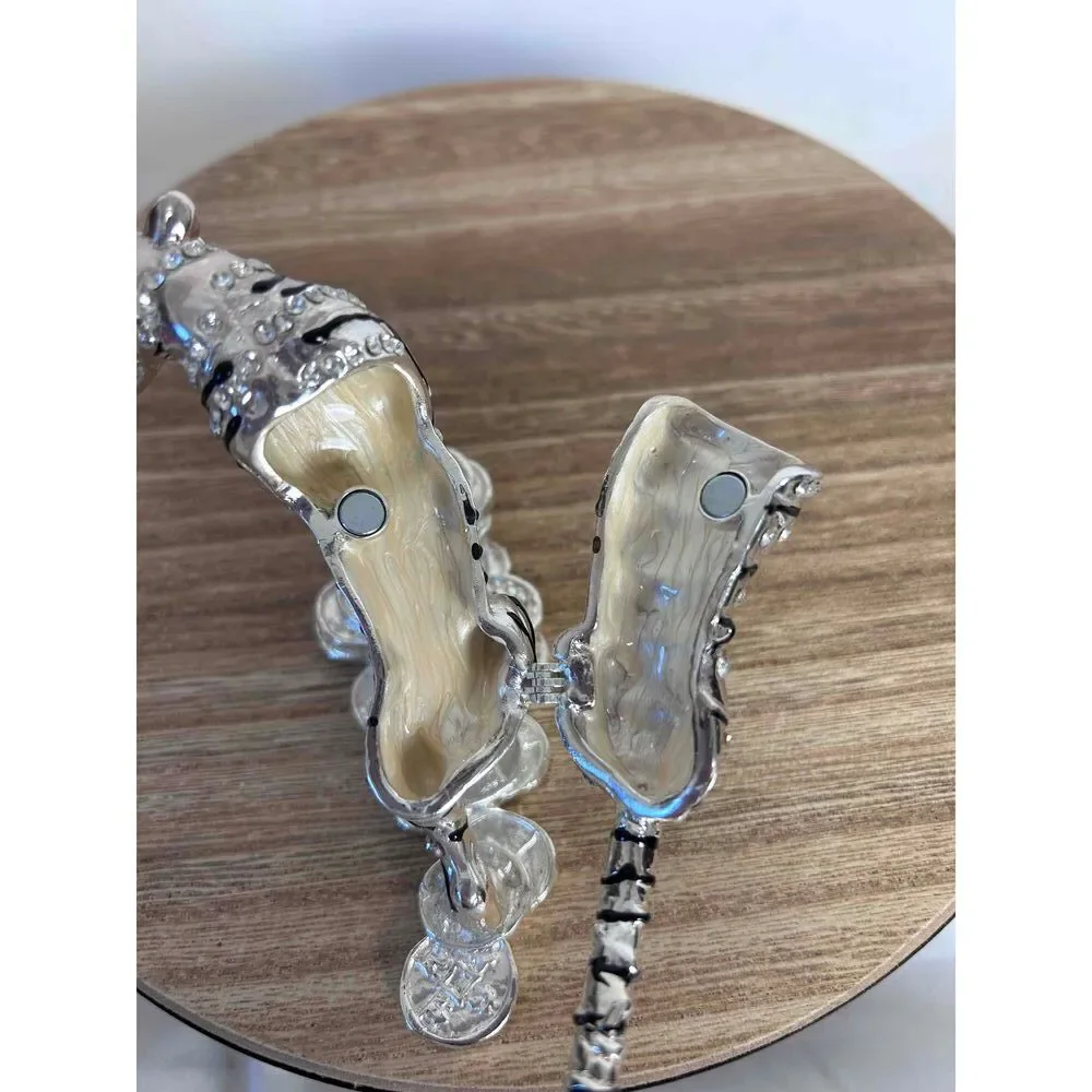 Metal Silver Toned Bejeweled Tiger Trinket Box Crystal‎ Accents Red Eyes